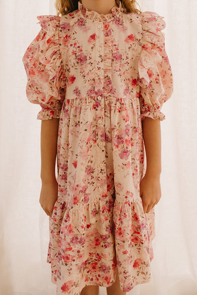 Petite Amalie Soleil Elbow Sleeve Scallop Posie Print Voile Dress 3Y / Watercolor