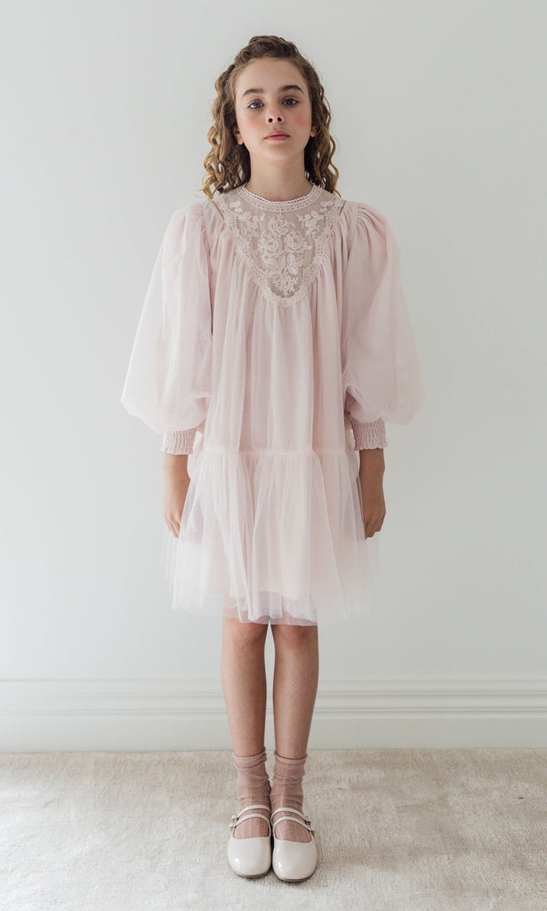 PETITE AMALIE "Fantasque" Vintage Yoke Tulle Smock Dress in Powder Pink