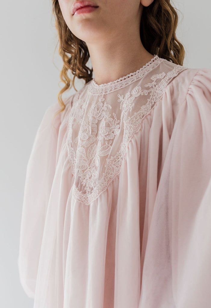 PETITE AMALIE "Fantasque" Vintage Yoke Tulle Smock Dress in Powder Pink