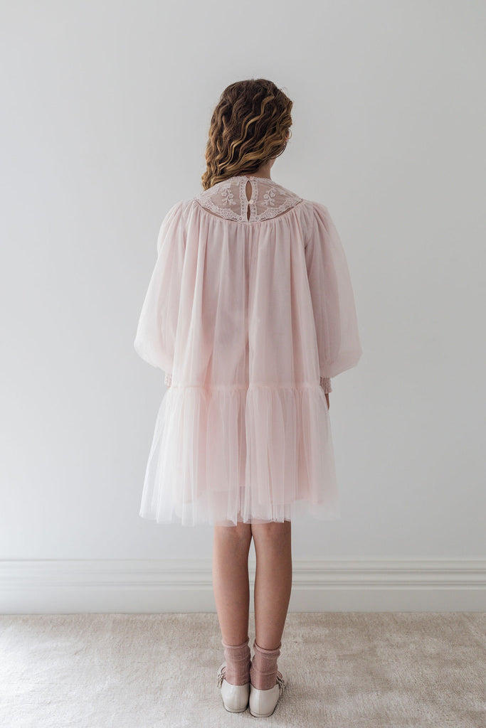 PETITE AMALIE "Fantasque" Vintage Yoke Tulle Smock Dress in Powder Pink