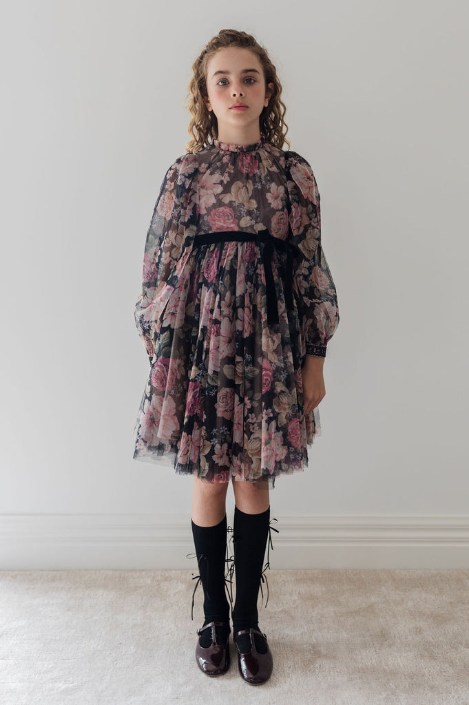 PETITE AMALIE "Fantasque" Romantic Floral Printed Tulle Dress