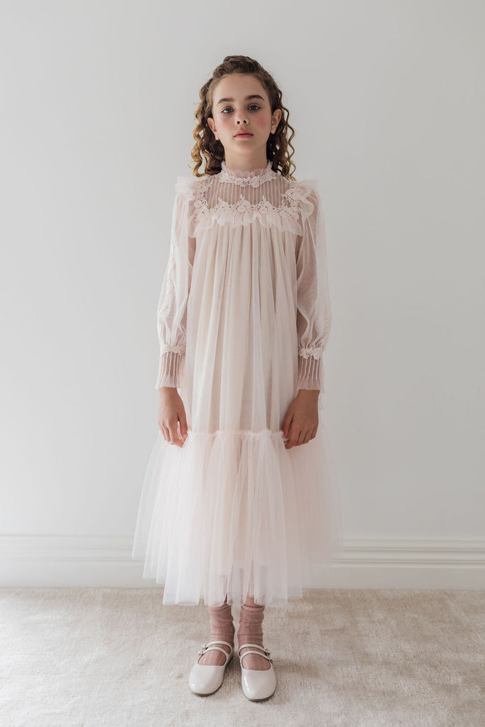 PETITE AMALIE "Fantasque"  Pintuck Lace Yoke Dress