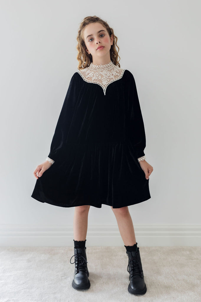 PETITE AMALIE "Fantasque"  Lace Yoke Velvet Dress