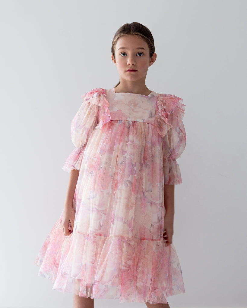 PETITE AMALIE "La Fleur" Dahlia Print Tulle Dress