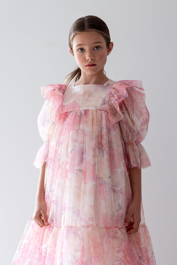 PETITE AMALIE "La Fleur" Dahlia Print Tulle Dress