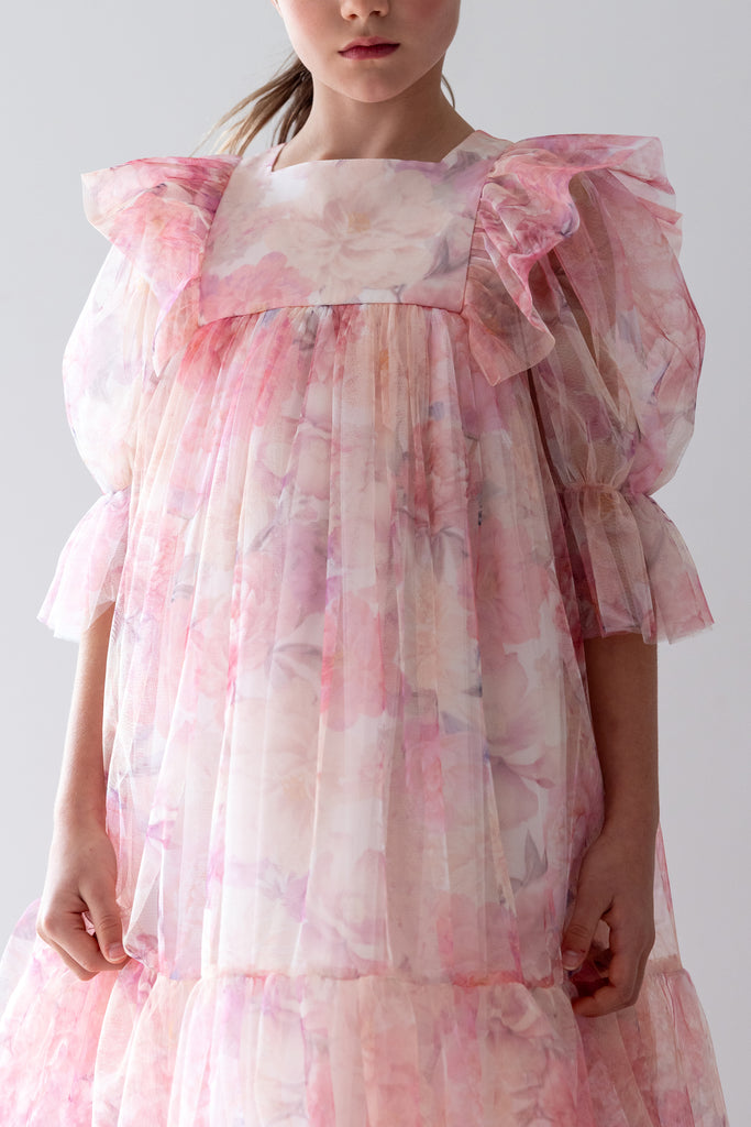 PETITE AMALIE "La Fleur" Dahlia Print Tulle Dress