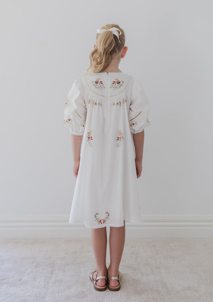 PETITE AMALIE "La Fleur" Petite Amalie Cross Stitch Elbow Sleeve White Dress