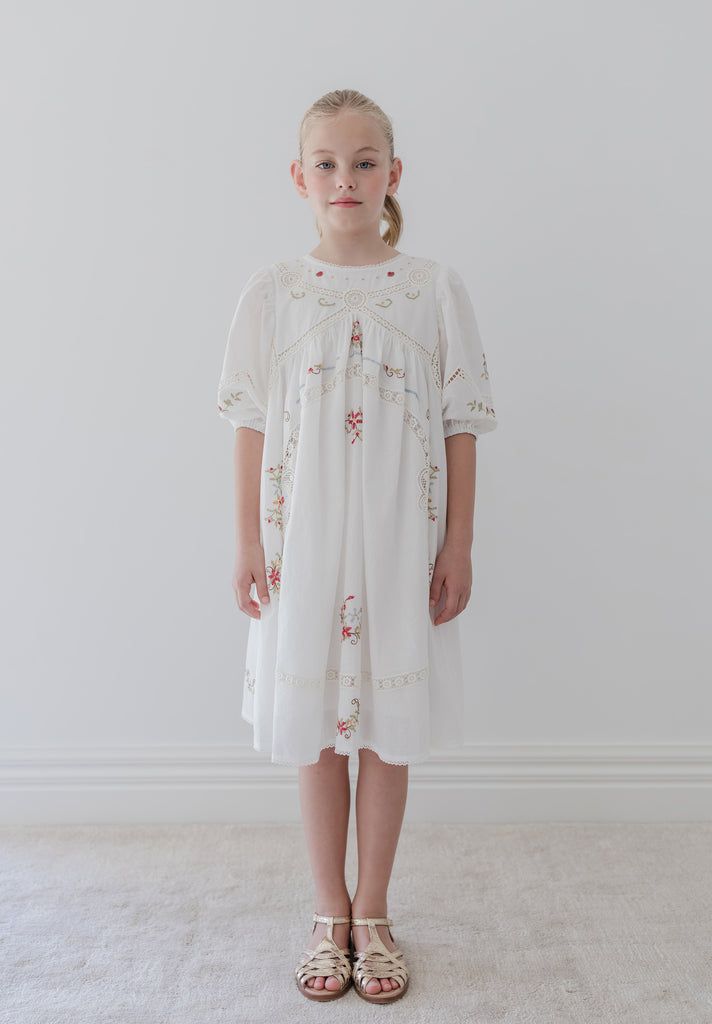 PETITE AMALIE "La Fleur" Petite Amalie Cross Stitch Elbow Sleeve White Dress