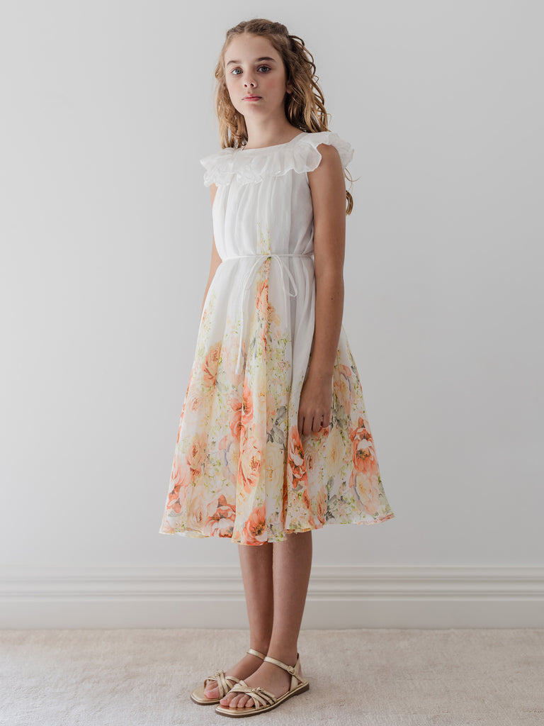 PETITE AMALIE "La Fleur" Lemon Floral Border Print Linen Dress