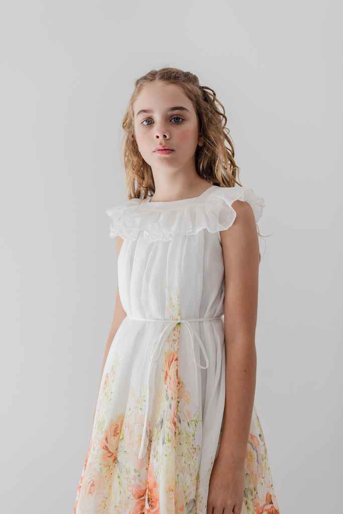 PETITE AMALIE "La Fleur" Lemon Floral Border Print Linen Dress