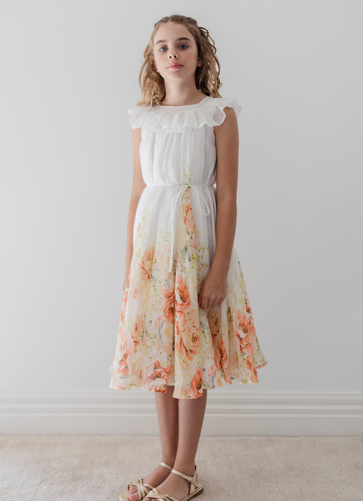 PETITE AMALIE "La Fleur" Lemon Floral Border Print Linen Dress