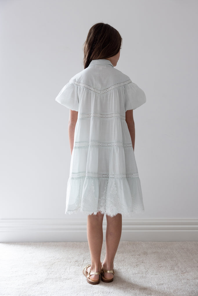 PETITE AMALIE "La Fleur" Whisper Blue Lace Hem Shirt Dress