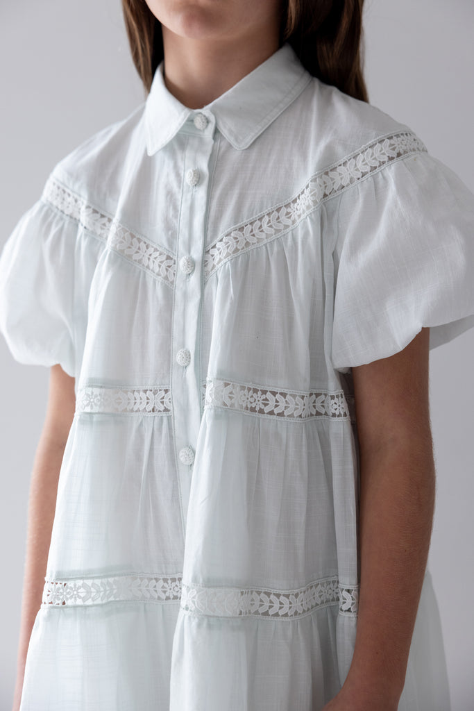 PETITE AMALIE "La Fleur" Whisper Blue Lace Hem Shirt Dress