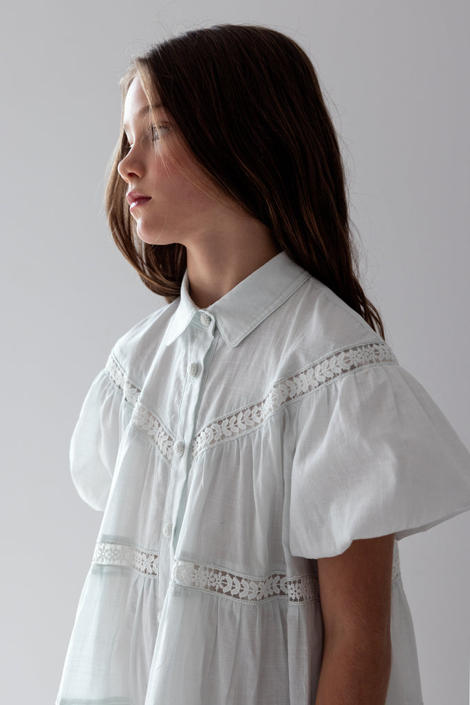 PETITE AMALIE "La Fleur" Whisper Blue Lace Hem Shirt Dress