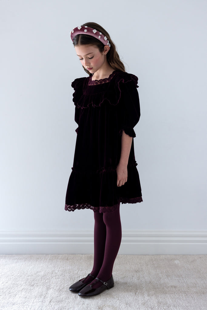 PETITE AMALIE FALL 2026 Dark Cherry Lace Trim Velvet Dress