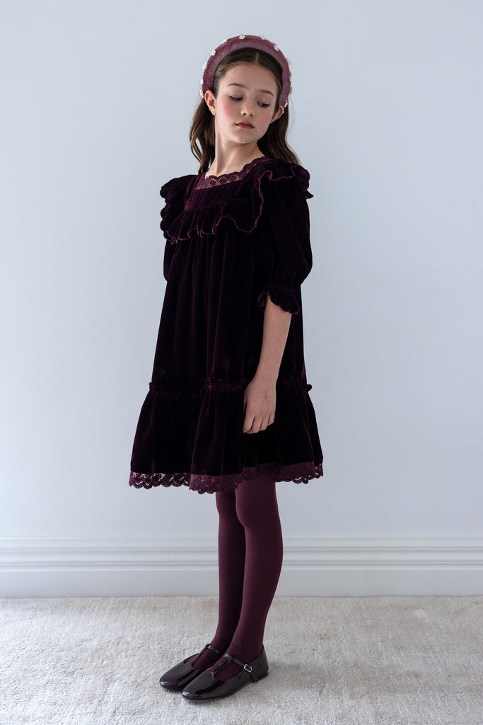 PETITE AMALIE FALL 2026 Dark Cherry Lace Trim Velvet Dress