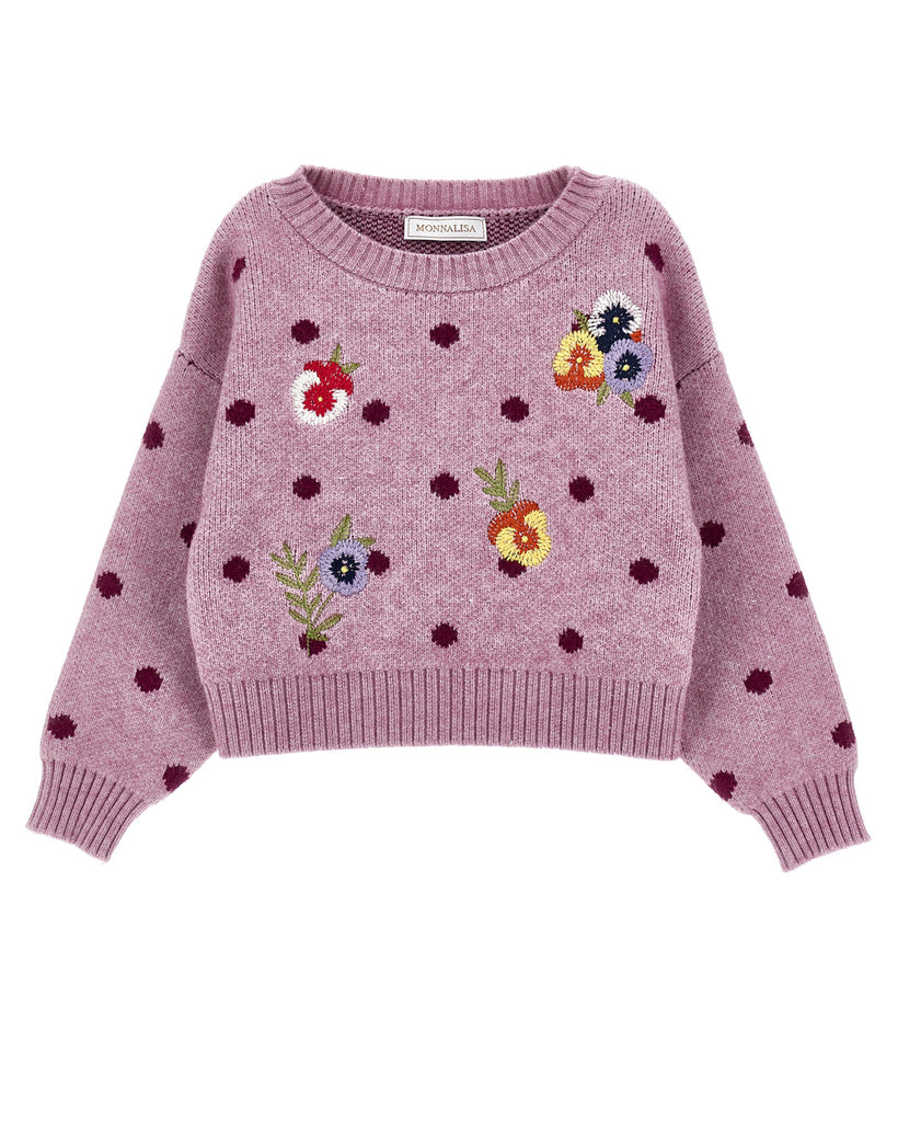 MONNALISA FALL 2026 Knit Jacquard Pansy Polka Dot Sweater Top