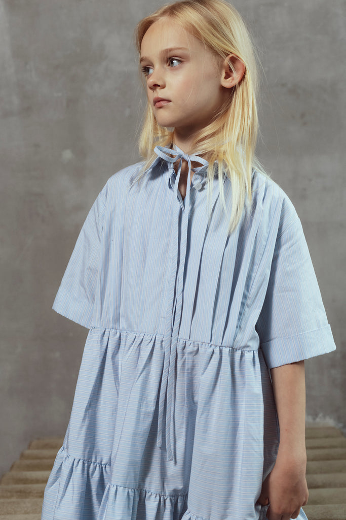 UNLABEL SS26 Bea Dress in Blue Milk Stripes