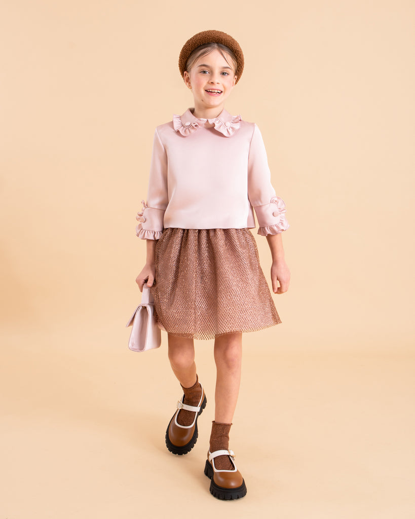 MiMiSol FW24 RUFFLE-DETAIL SATEN-CREPE TOP Blouse in Pink
