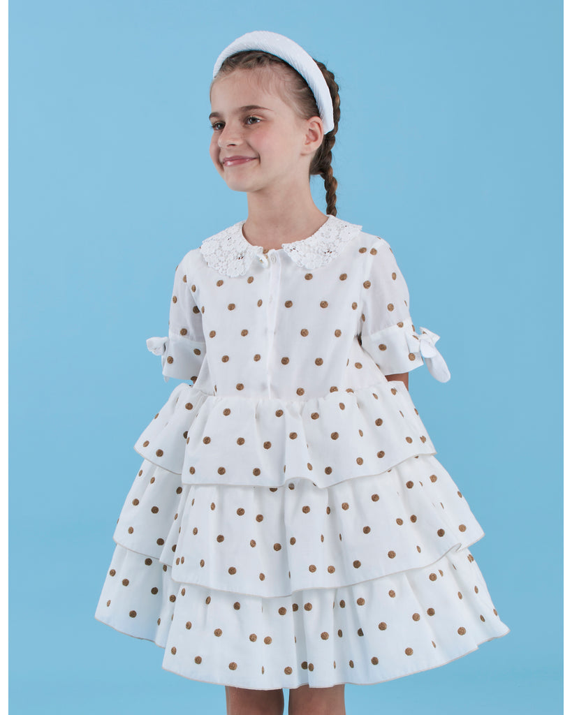 MiMiSol SS25 Beige Polka Dot Flounce Dress