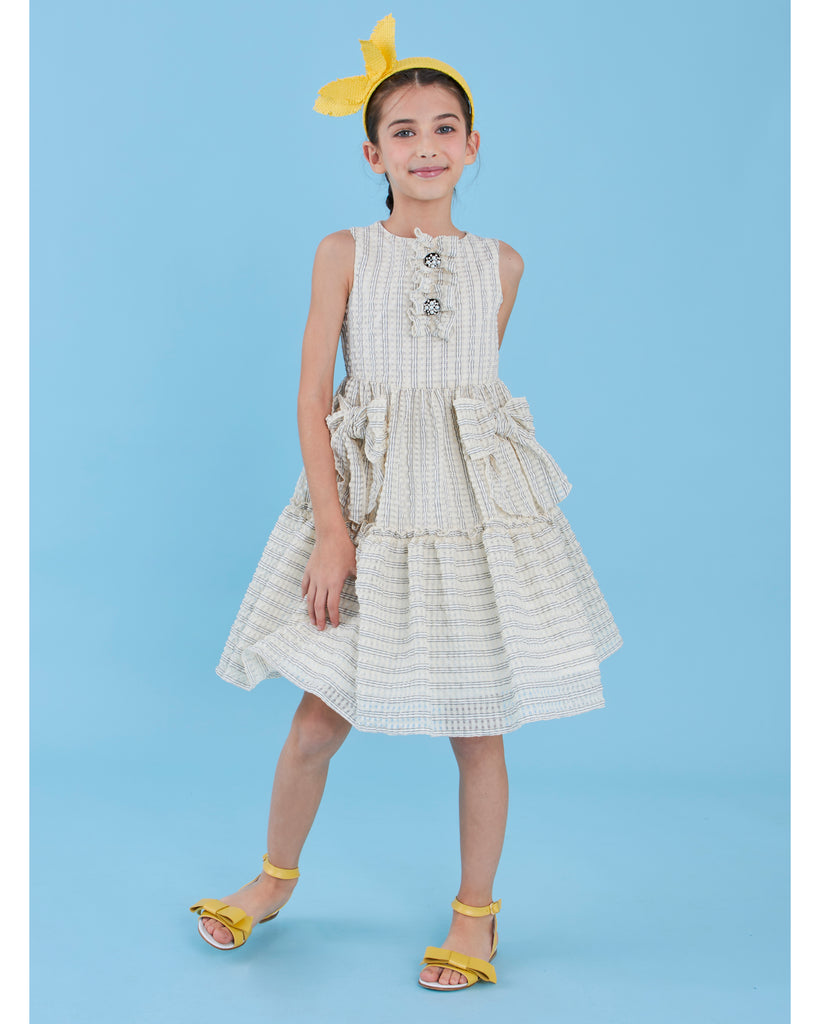 MiMiSol SS25 Striped Seersucker Dress in Beige