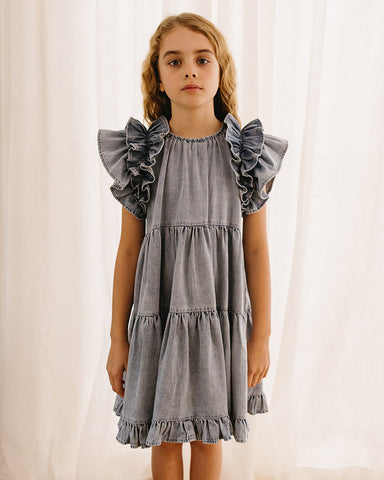 PETITE AMALIE "Soleil" Embroidered Chambray Dress with Tiered Skirt