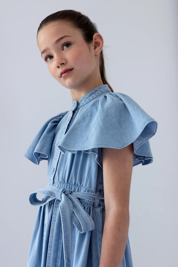 STEPH THE LABEL SS2026 Chambray Flutter Sleeve Shirt Dress
