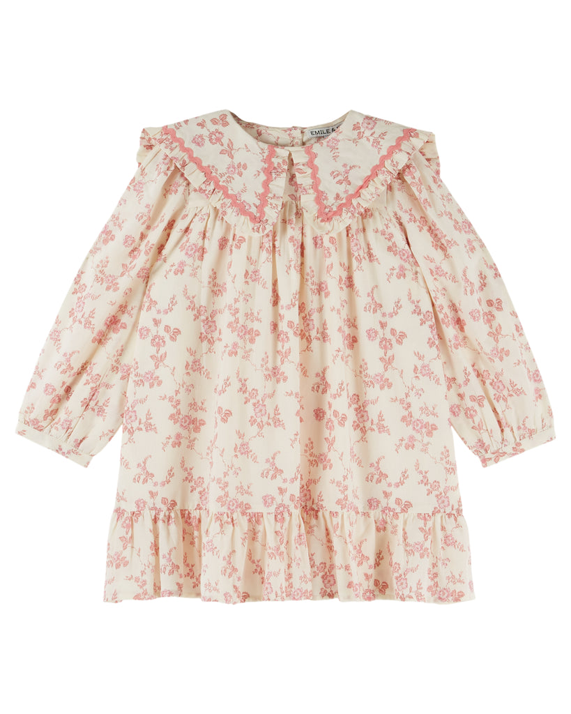 EMILE ET IDA FW26 LARGE COLLAR ECRU AND PINK FLORAL DRESS