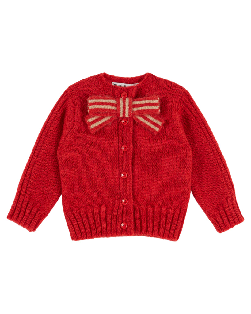 EMILE ET IDA FW26 RED MOHAIR BOW CARDIGAN SWEATER