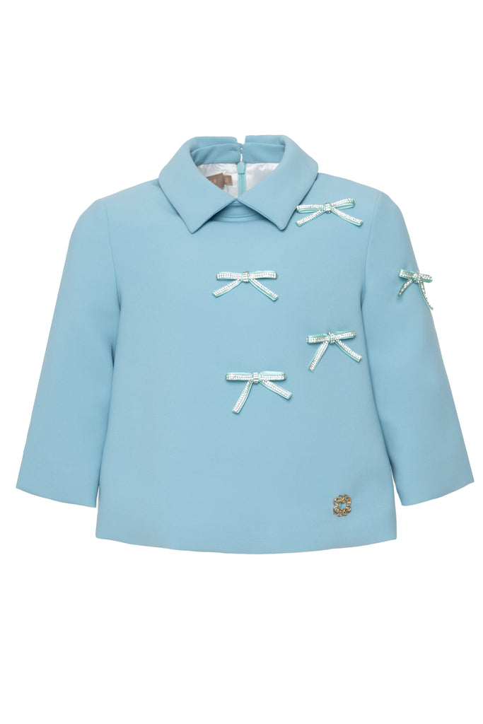 ELIE SAAB Fall Winter 2025 CREPE TOP with BOWS in Turquoise