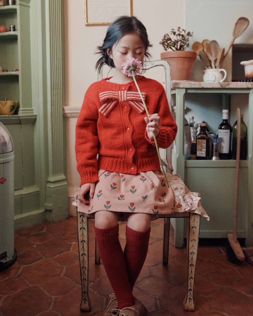EMILE ET IDA FW26 RED MOHAIR BOW CARDIGAN SWEATER