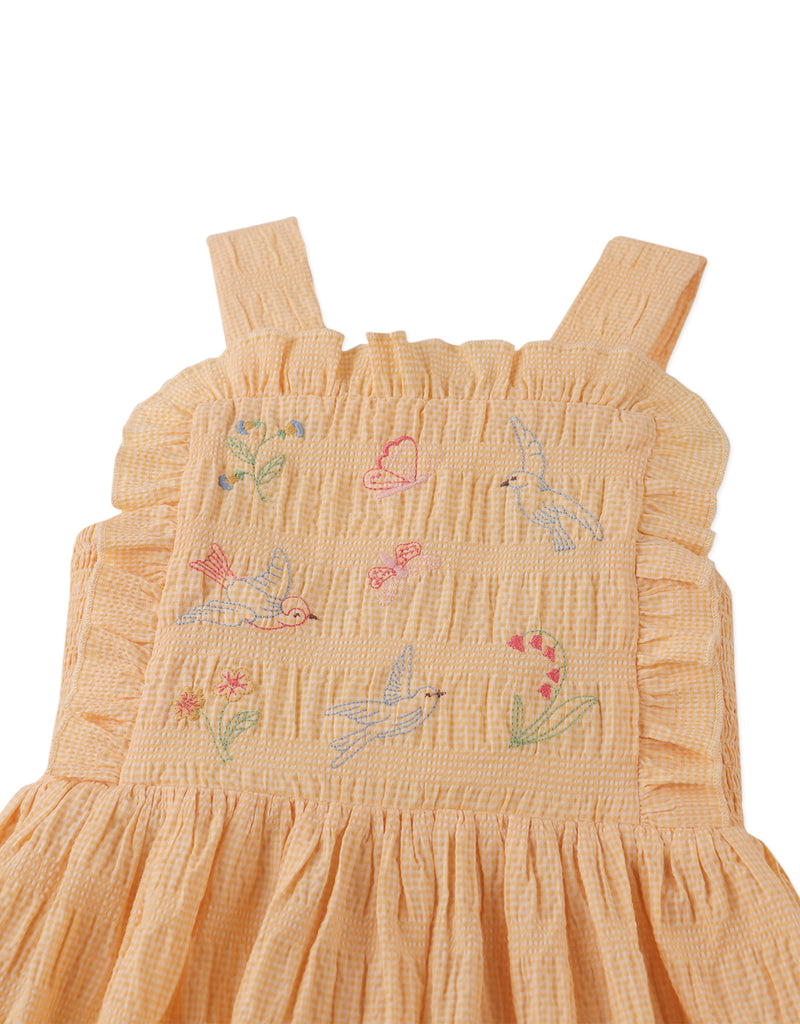 GINGERSNAPS SS26 Emily Ruffled Apron Dress with Botanical Embroidery
