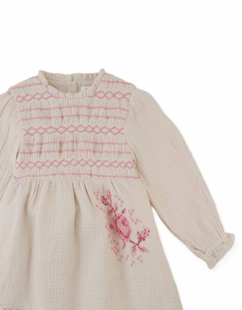 GINGERSNAPS FALL 2026 EMMALINE SMOCKED DRESS WITH CROSS STITCH EMBROIDERY
