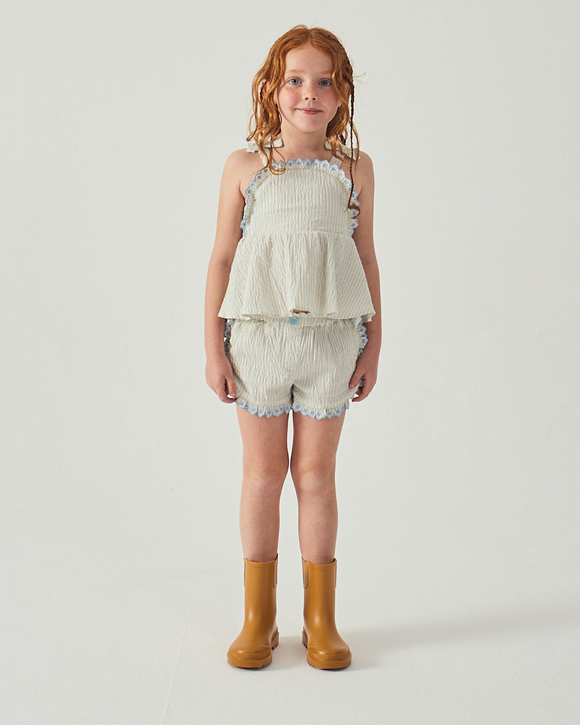 GINGERSNAPS SS26 Isabel Ruffled Striped Apron Top with Tie Straps & Ruffled Shorts (2 pieces)