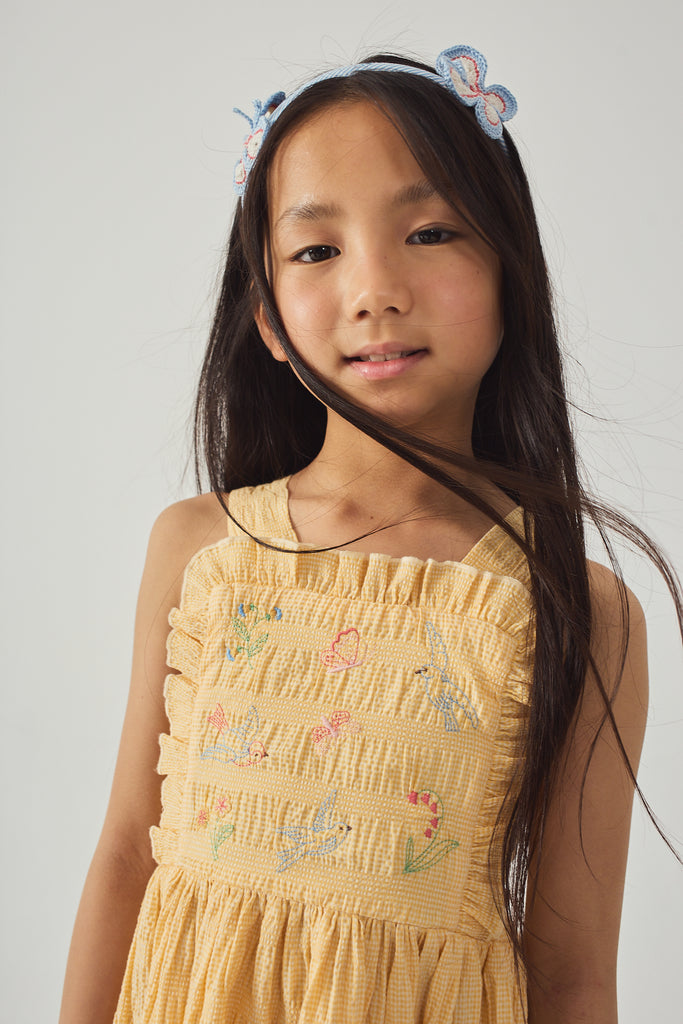 GINGERSNAPS SS26 Emily Ruffled Apron Dress with Botanical Embroidery
