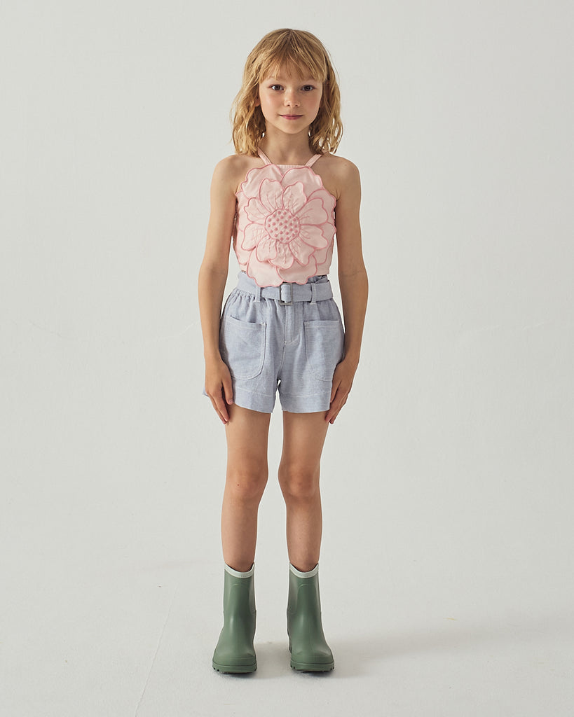 GINGERSNAPS SS26 Eloise Halter Top with Large Flower Appliqué & Contrast Stitching