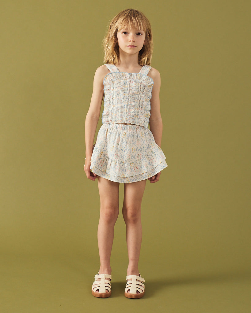 GINGERSNAPS SS26 Martina Trellis Print Smocked Top with Wide Straps & Ruffles
