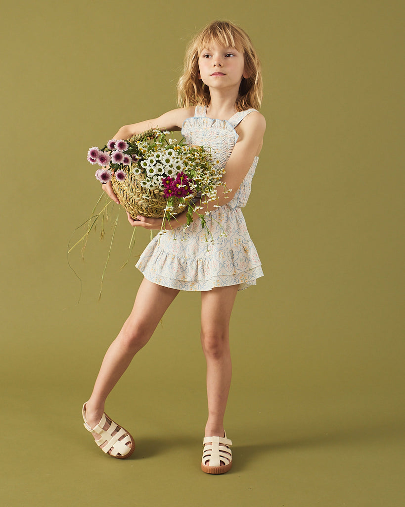 GINGERSNAPS SS26 Martina Trellis Print Smocked Top with Wide Straps & Ruffles