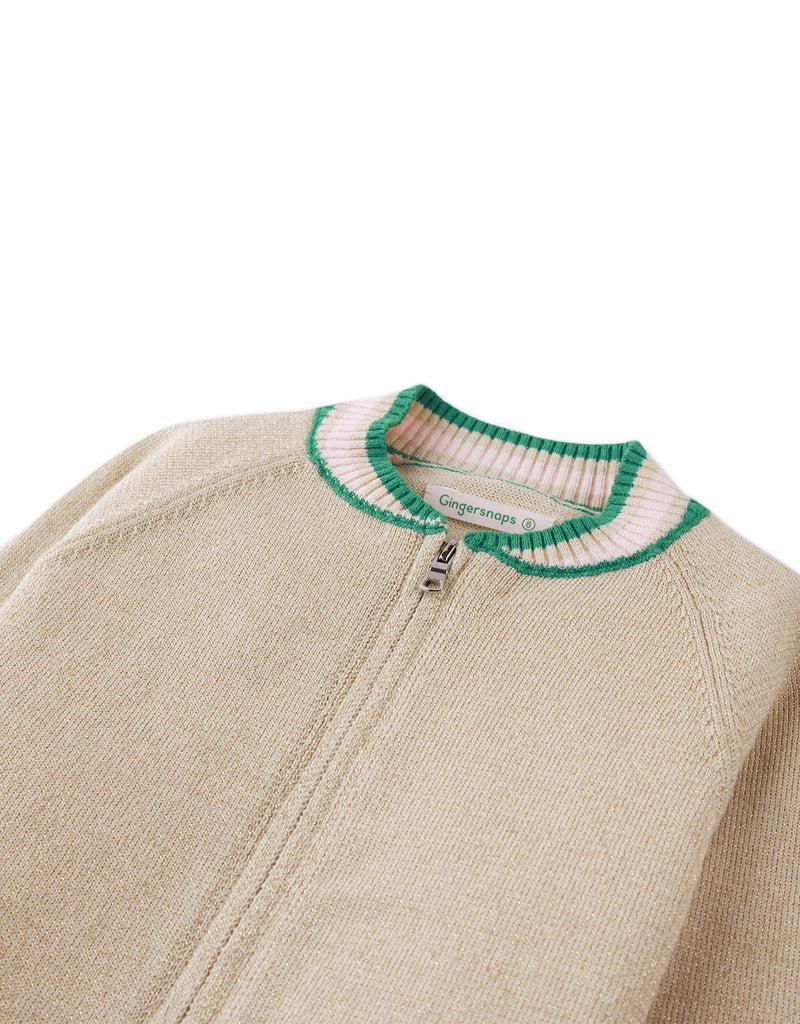 GINGERSNAPS SS26 Zelda Knit Jacket Shimmery Gold With Stripey Ribbing