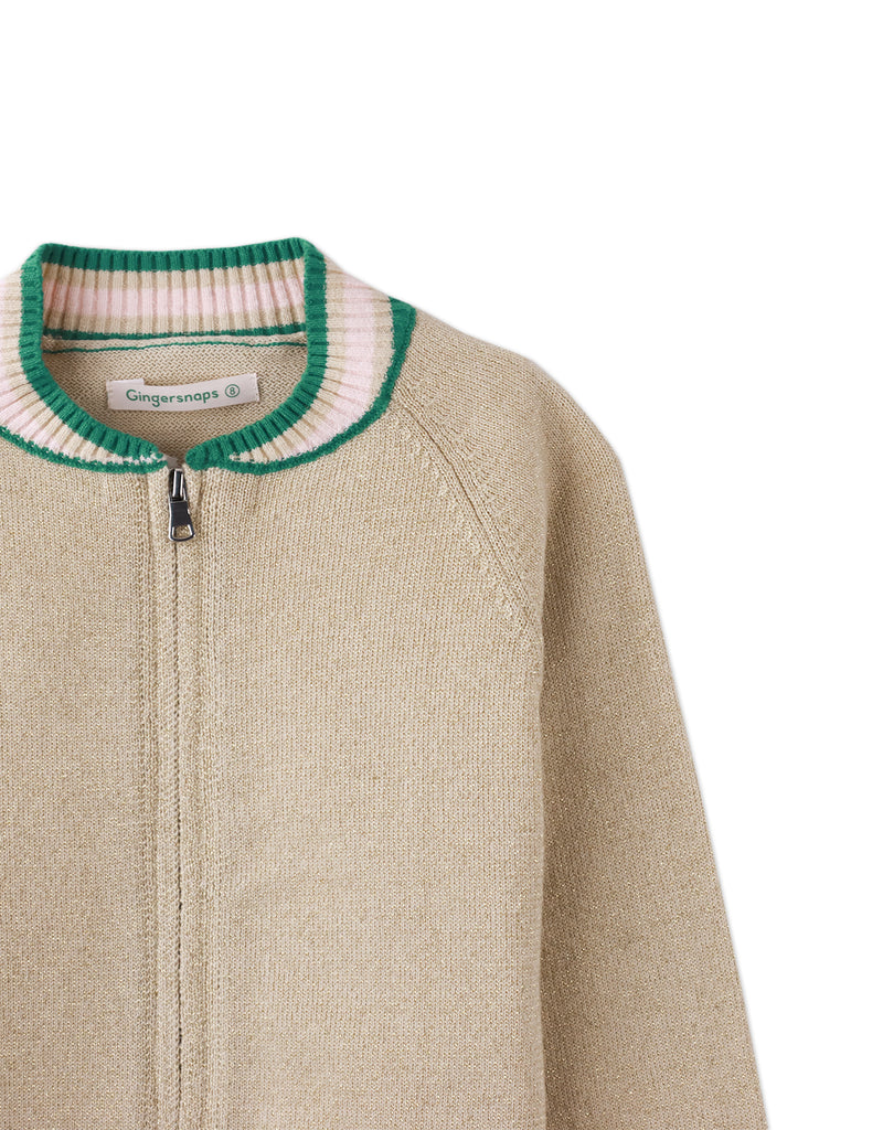 GINGERSNAPS SS26 Zelda Knit Jacket Shimmery Gold With Stripey Ribbing