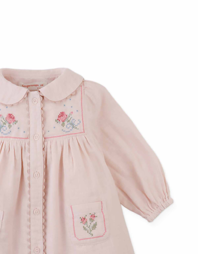 GINGERSNAPS FALL 2026 BABY LOTTIE BUTTON DOWN DRESS WITH CROSS STITCH