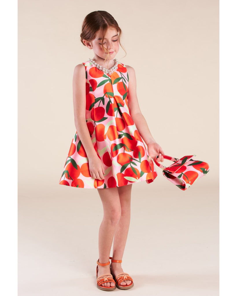 MiMiSol SS24 Tafetta Dress with Orange Print and Rhinestones
