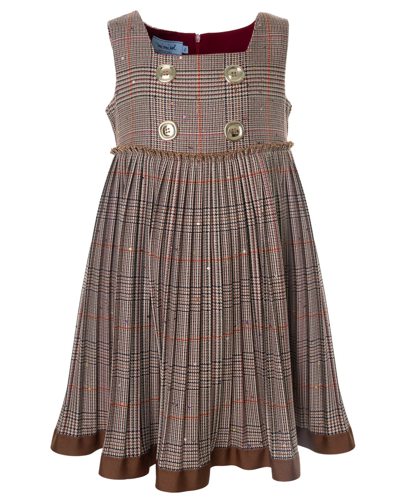 MIMISOL Fall Winter 2025 BUTTON-EMBELLISHED PRINCE OF WALES CHECK PINAFORE PLEATED DRESS