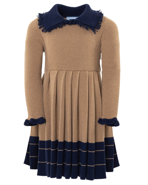 MIMISOL Fall Winter 2025 WOOL KNIT DRESS in BEIGE-DARK BLUE 12y / Beige