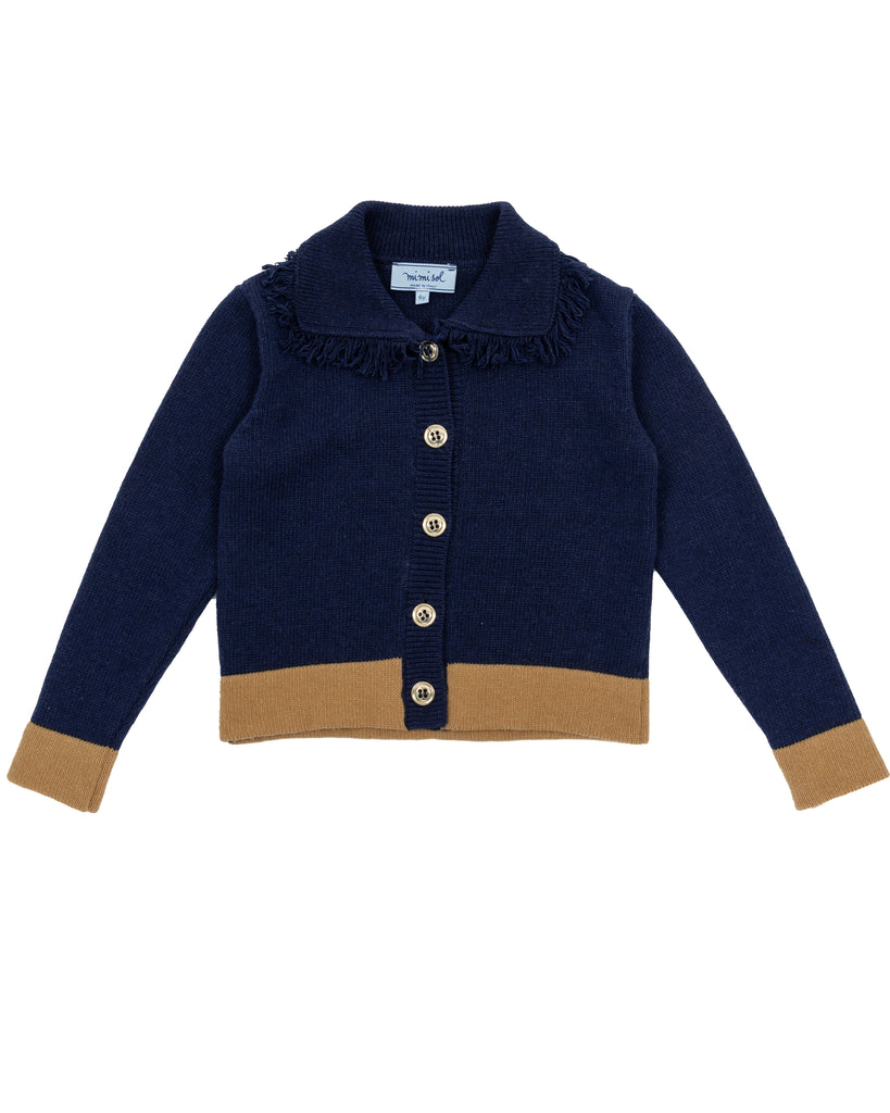 MIMISOL Fall Winter 2025 WOOL KNITTED CARDIGAN in DARK BLUE with BEIGE