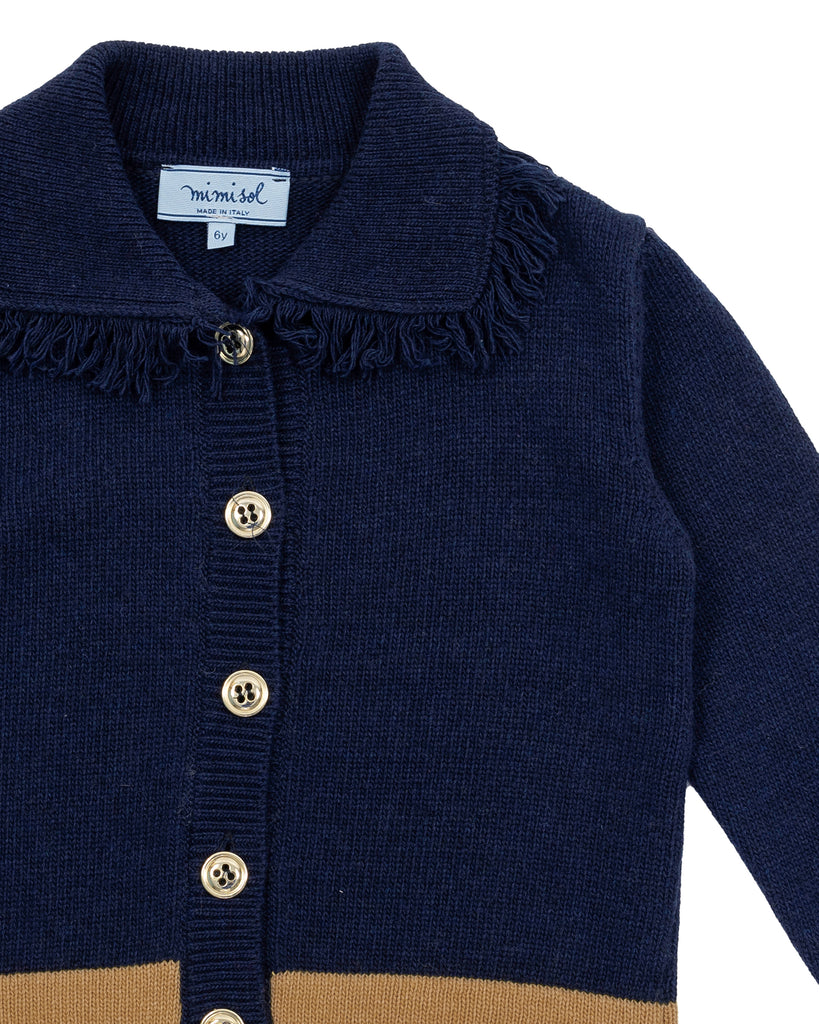 MIMISOL Fall Winter 2025 WOOL KNITTED CARDIGAN in DARK BLUE with BEIGE