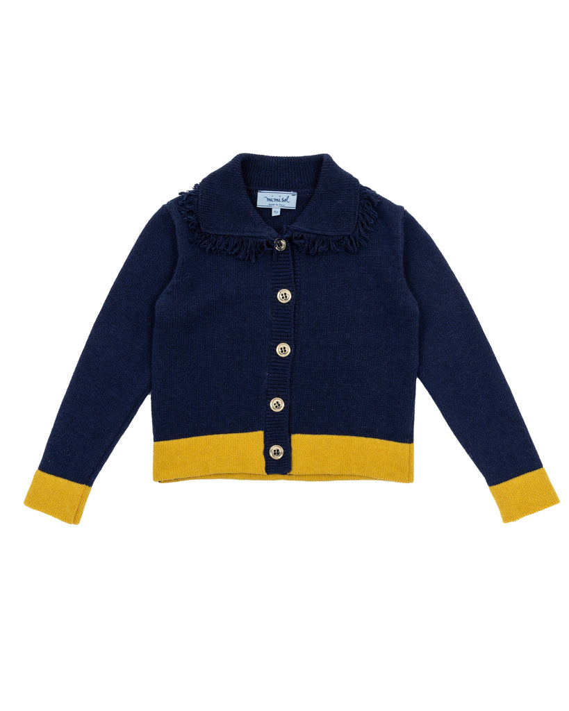 MIMISOL Fall Winter 2025 WOOL KNITTED CARDIGAN in DARK BLUE with YELLOW