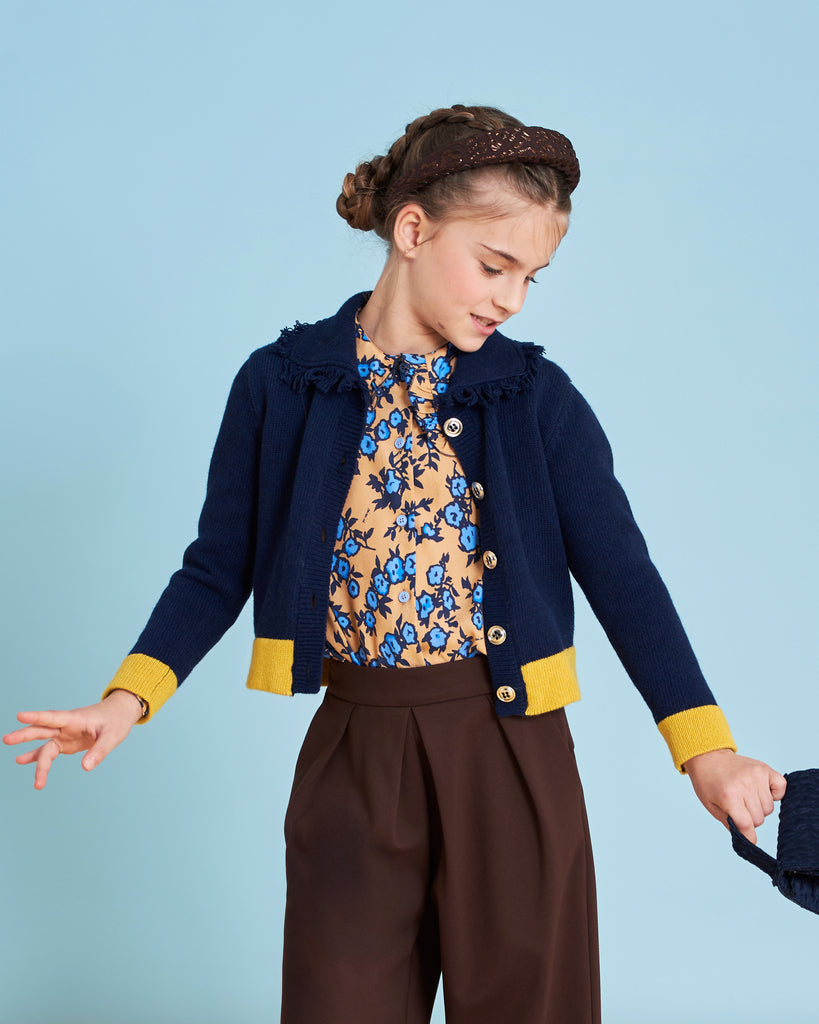 MIMISOL Fall Winter 2025 WOOL KNITTED CARDIGAN in DARK BLUE with YELLOW