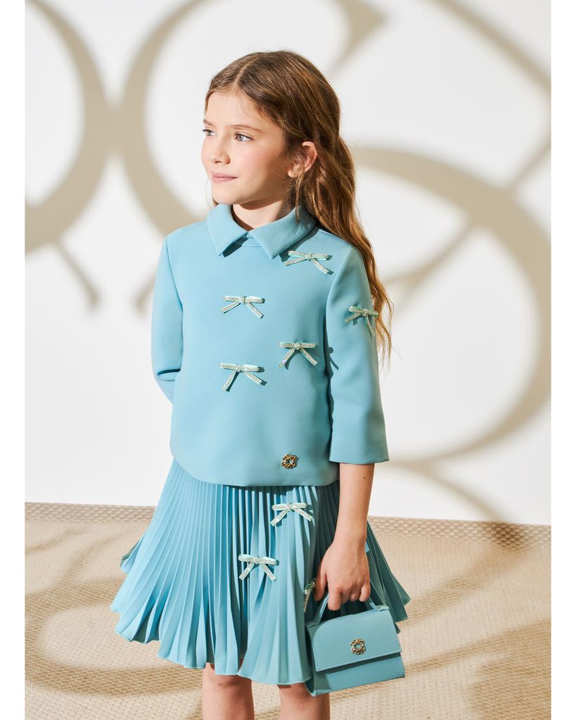 ELIE SAAB Fall Winter 2025 CREPE TOP with BOWS in Turquoise