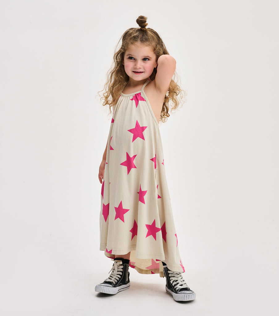 NUNUNU SS25 STAR COLLAR DRESS in Natural with Pink Stars